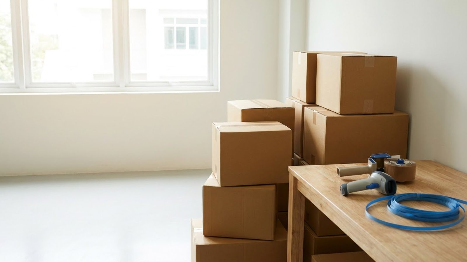 Amazon advertising agency for brands that ship their orders: shipping cartons, a barcode scanner and strapping on a packing table