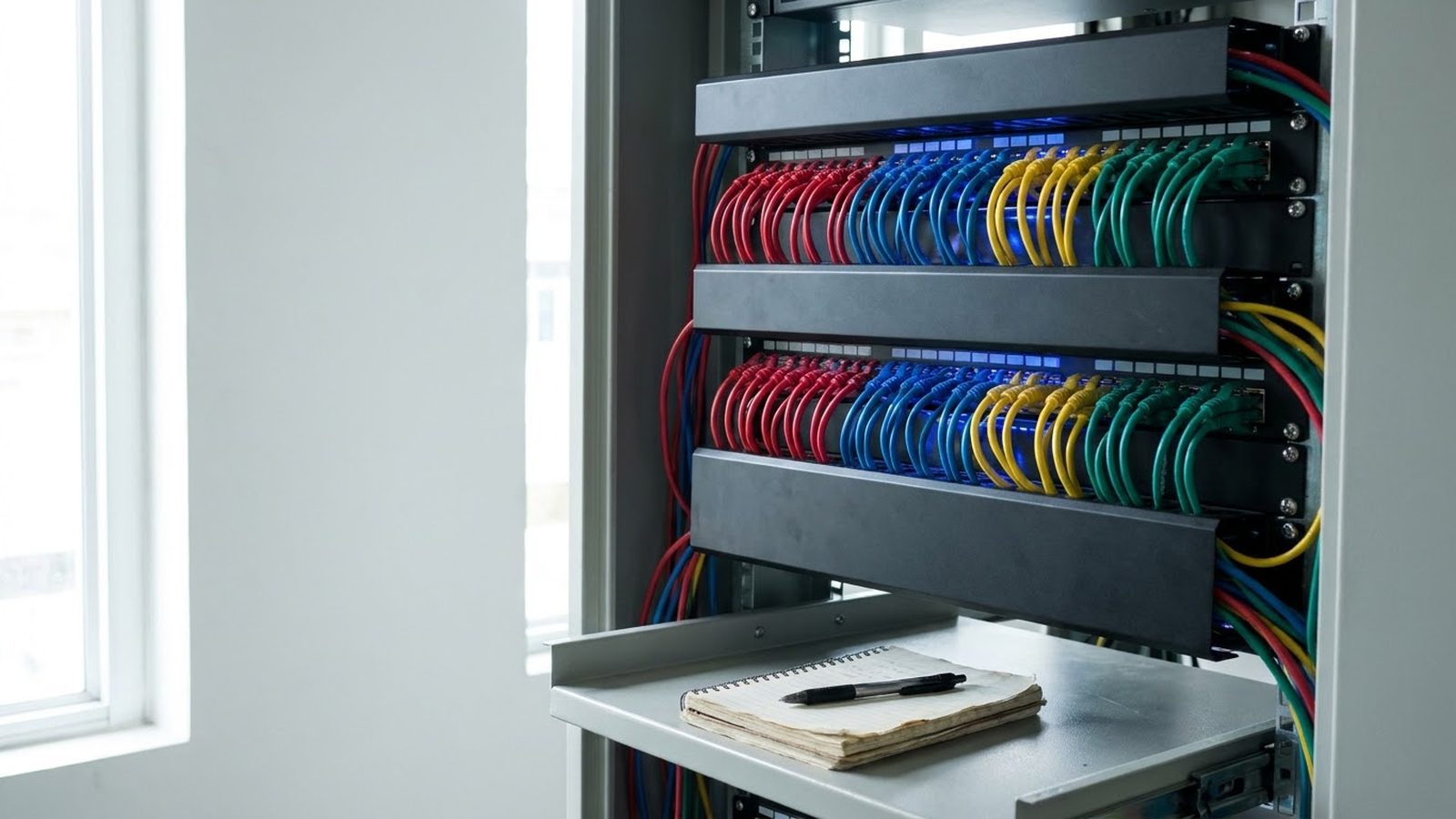 API integration services connect your systems: color-coded patch cables in a server rack with a notebook on the pull-out shelf