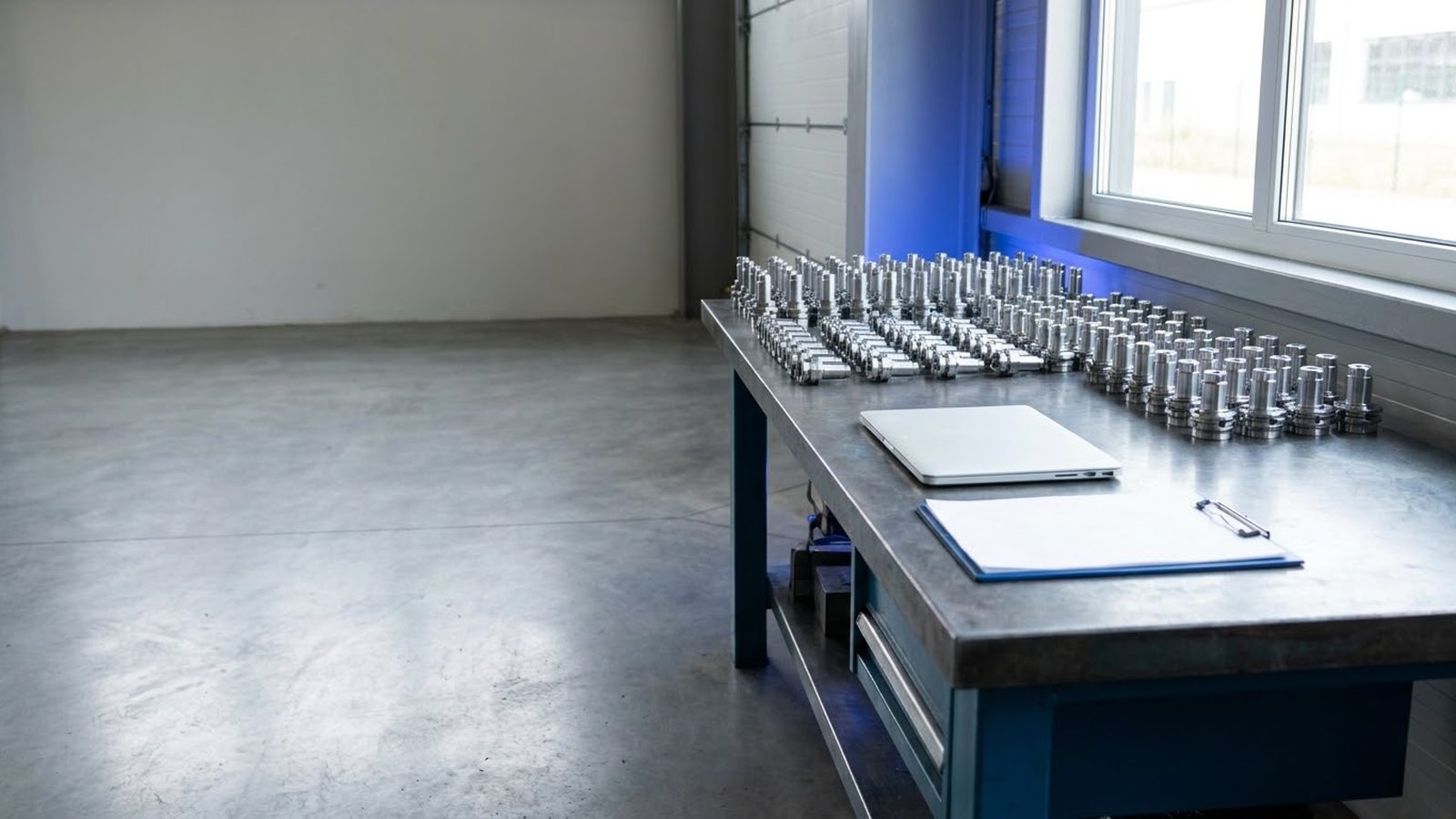 B2B marketing agency for manufacturers: steel workbench lined with machined parts, a laptop and a clipboard on a shop floor