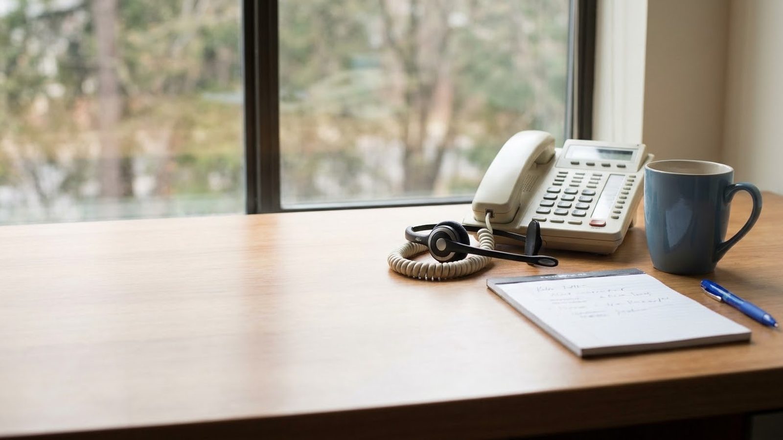 PPC call tracking for phone orders: desk phone, headset and a call notepad beside a coffee mug