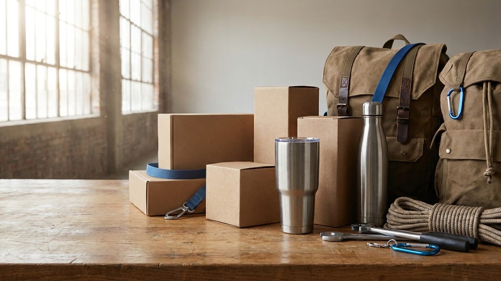 CPG marketing agency for consumer brands: product boxes, insulated drinkware and outdoor packs on a sunlit table