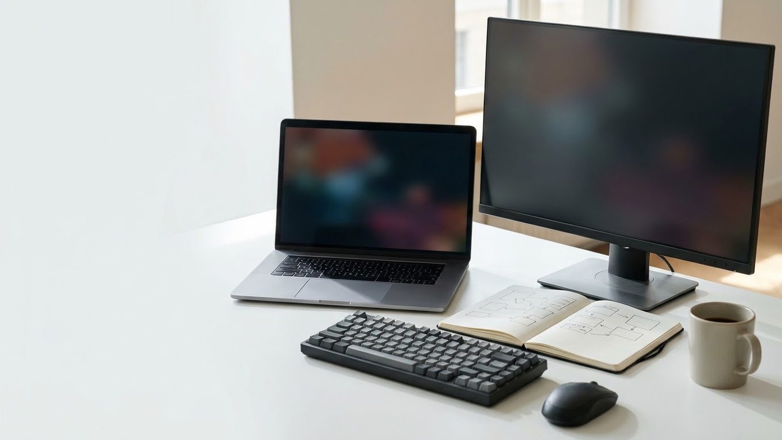 Custom web application development desk: open laptop and external monitor, keyboard, and a notebook of system diagrams