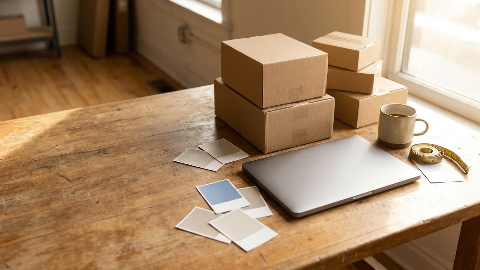 Ecommerce marketing agency for DTC brands: shipping boxes, a laptop and color swatches on a sunlit wooden table