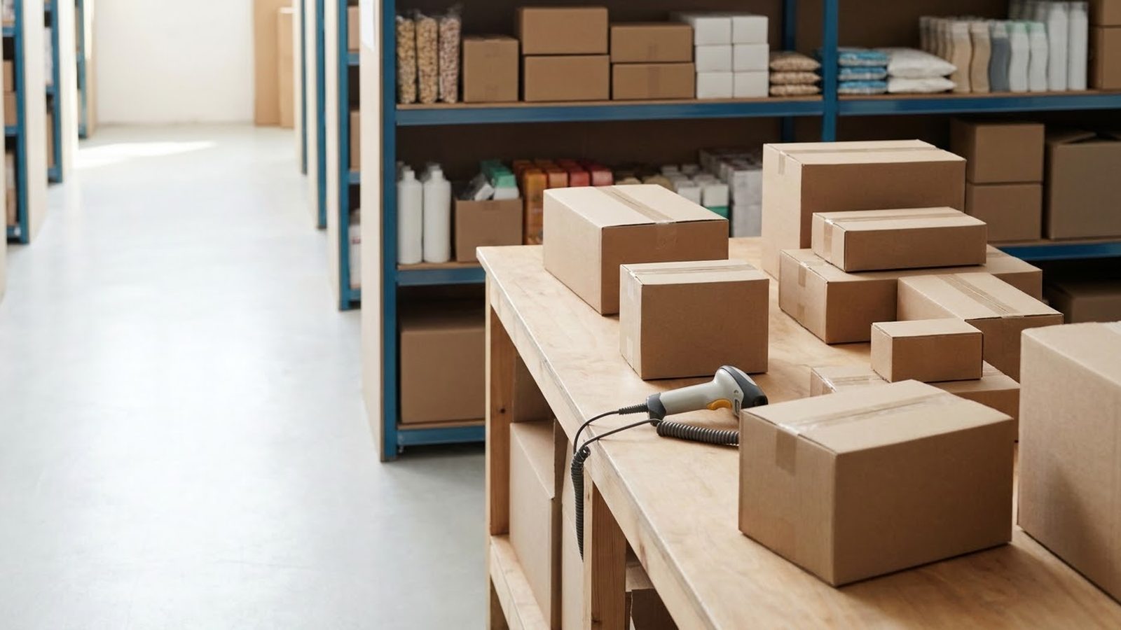 Google Shopping ads agency for ecommerce stores: boxed products and a barcode scanner on a packing table in a warehouse