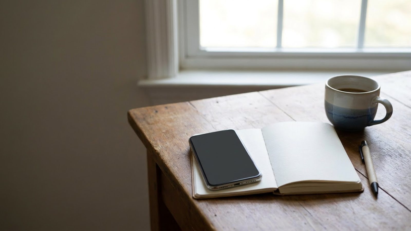 Facebook ads agency planning: smartphone on an open notebook beside a coffee mug on a wooden desk