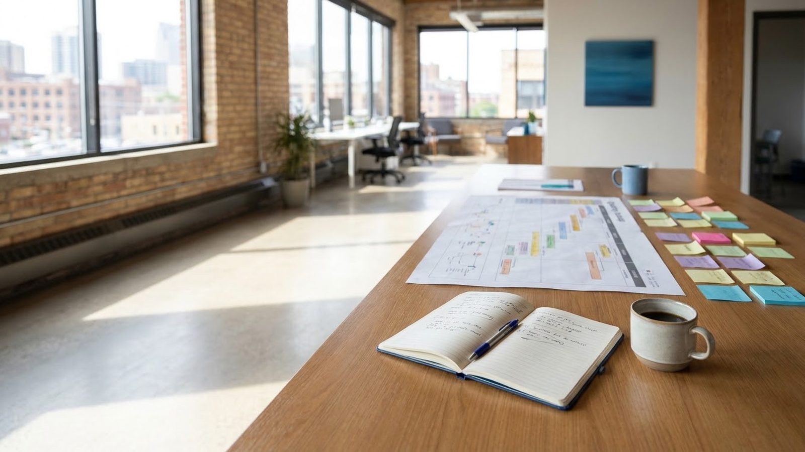 Fractional CMO services planning session: printed marketing roadmap, sticky notes and an open notebook on an office table