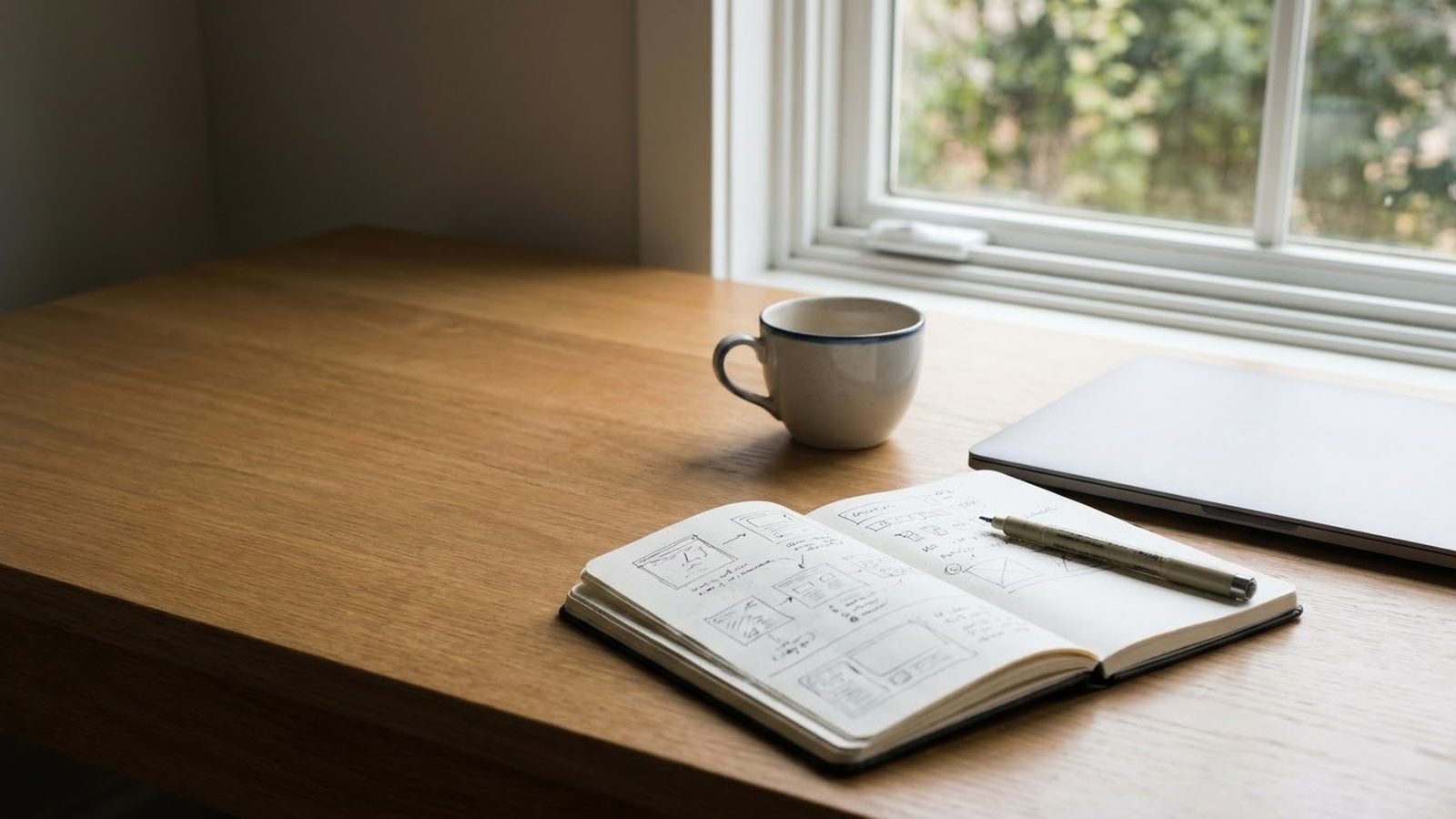 Google Ads management services planning desk: notebook with campaign sketches, a laptop and coffee by a window
