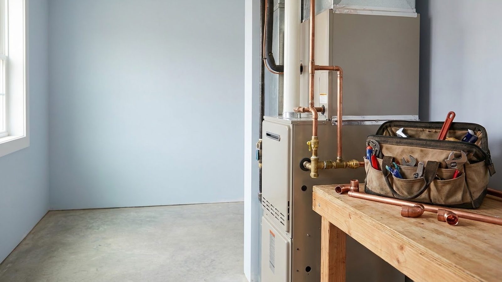 HVAC marketing agency for contractors: furnace and copper piping in a utility room with a technician's tool bag