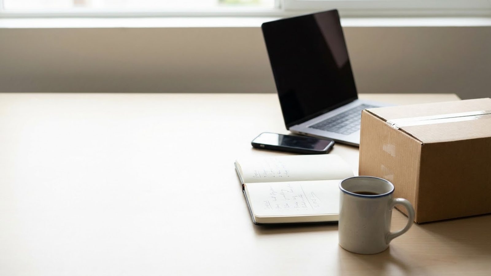 Email marketing agency for ecommerce brands: open laptop, phone and notebook beside a packed shipping box