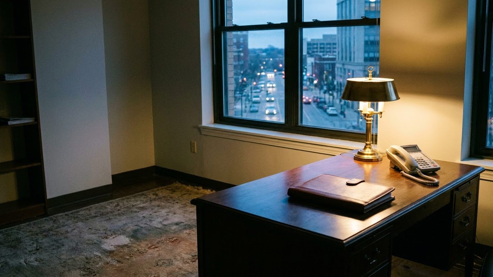 Law firm marketing agency for small firms: attorney's desk with a leather folio, desk phone overlooking a city street
