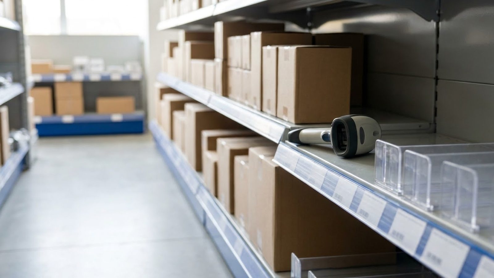Retail price monitoring for manufacturers: store shelf with price tag holders, boxed product and a handheld scanner