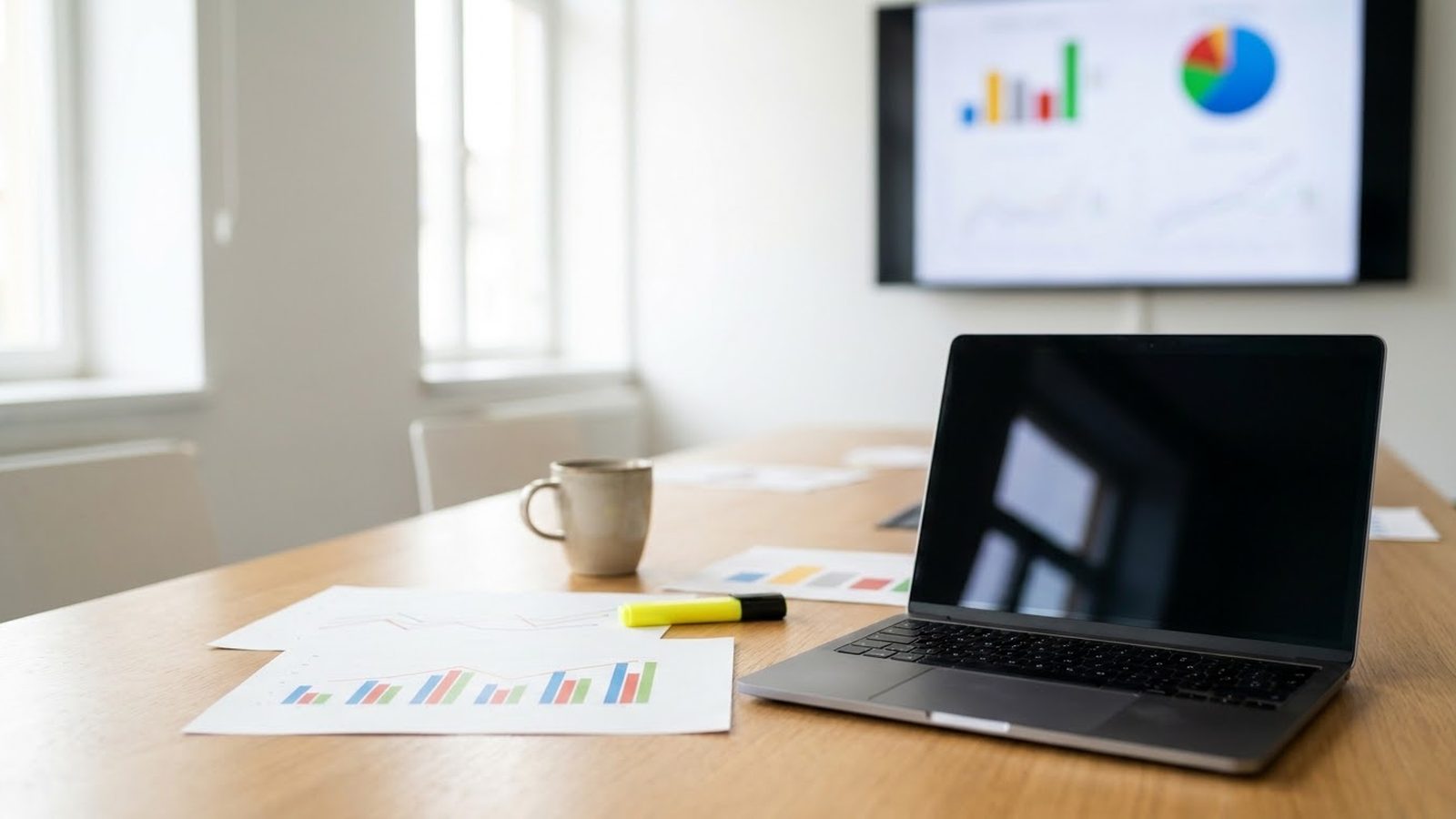 Marketing dashboard review: laptop and printed bar charts on a meeting table, with a wall screen showing charts behind