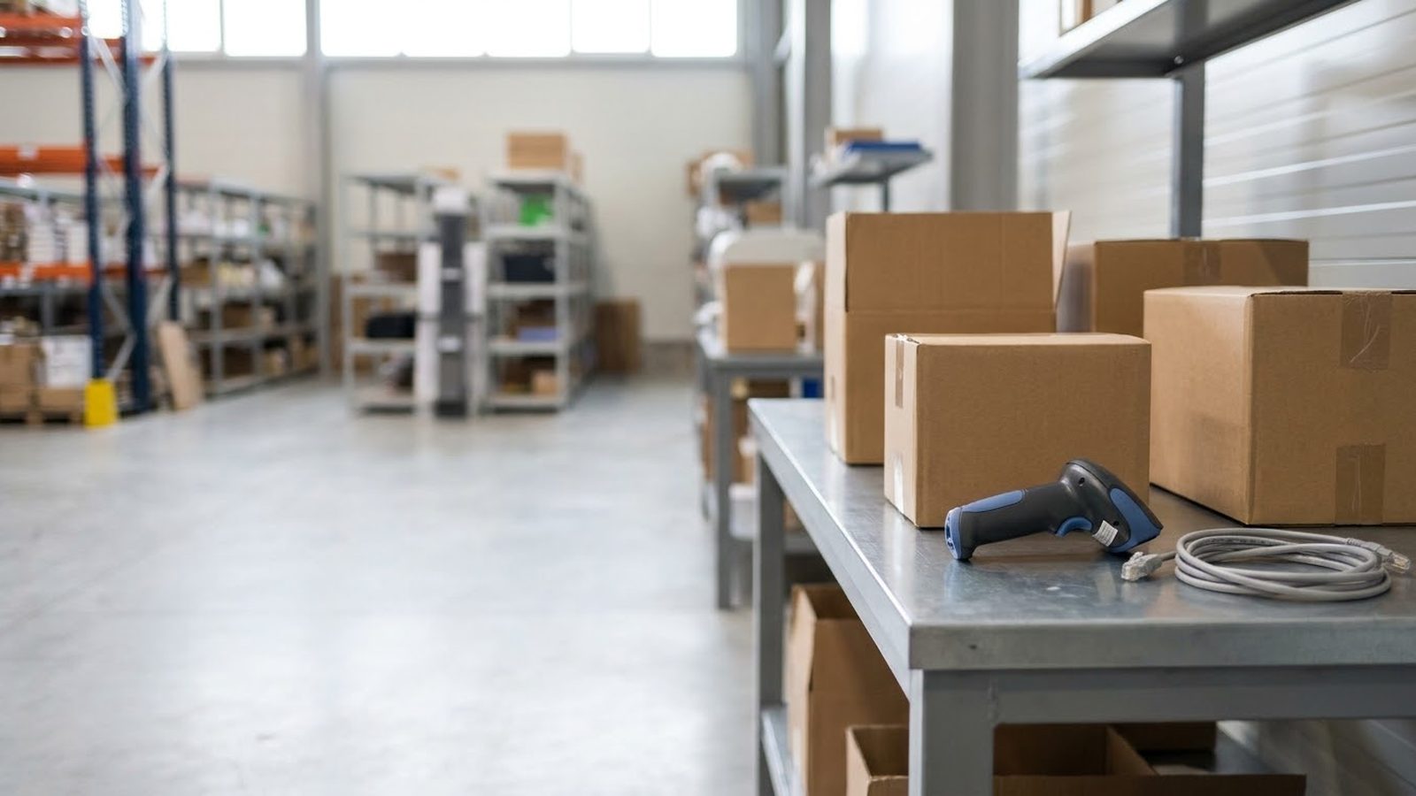 Shopify NetSuite integration for warehouse orders: shipping cartons, a barcode scanner and cable on a packing table