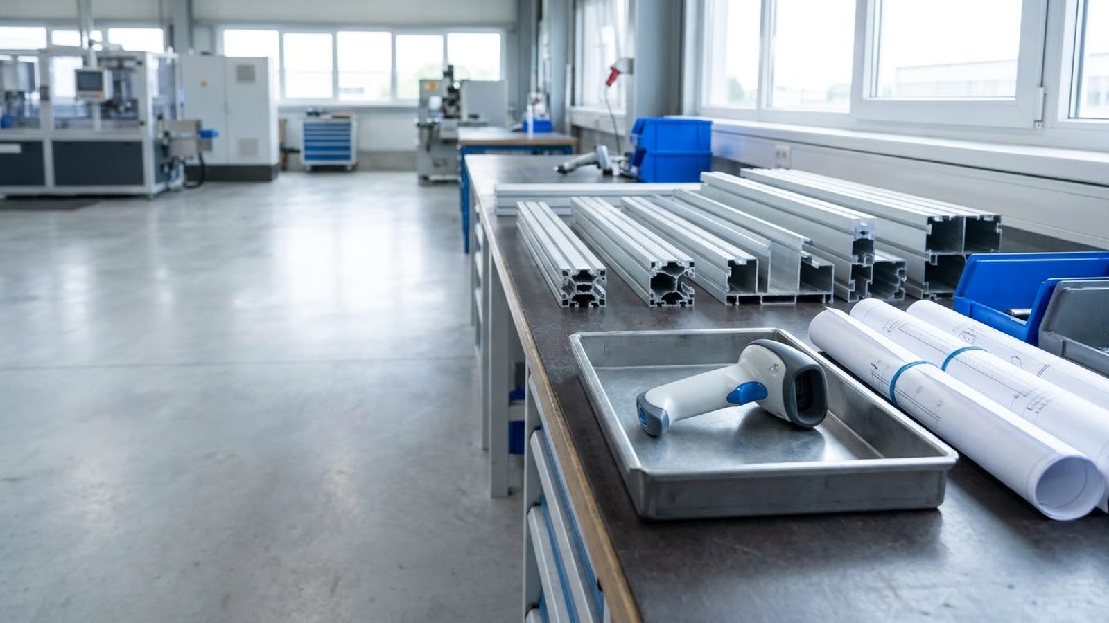 Odoo implementation for a manufacturer: workbench with aluminum extrusions, a barcode scanner and rolled drawings