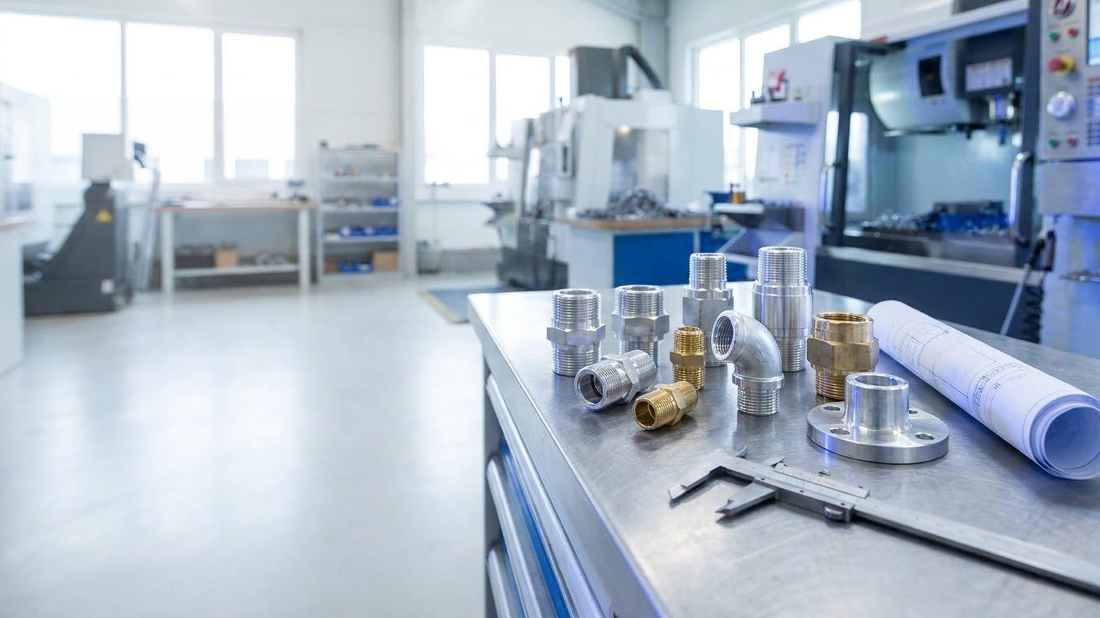 B2B PPC agency for manufacturers: machined fittings, calipers and drawings on a steel workbench beside CNC machines