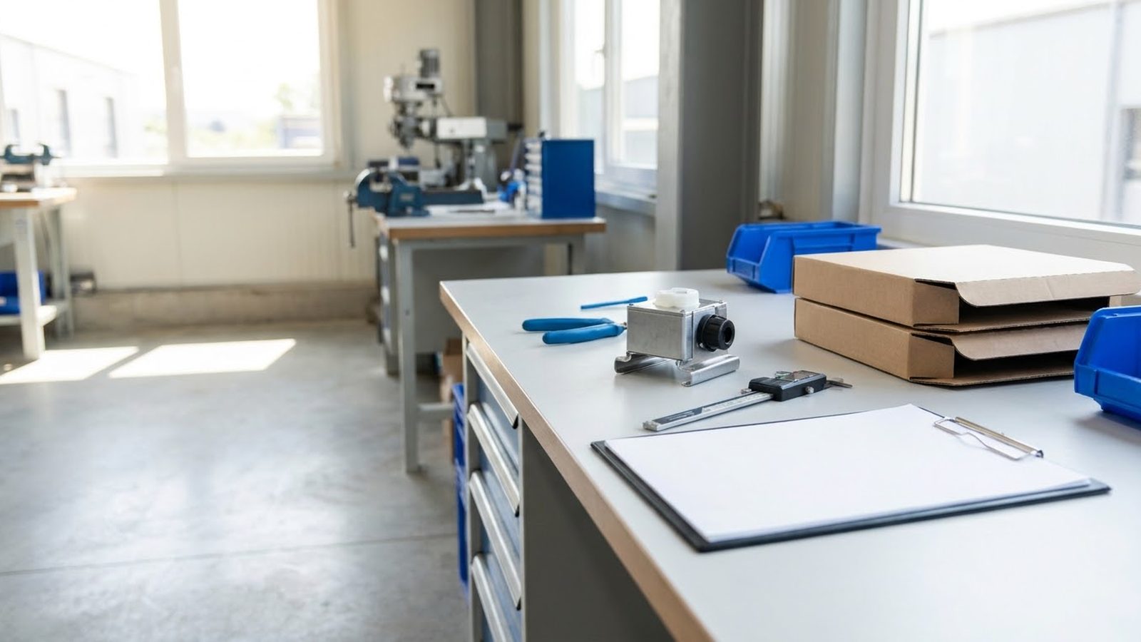 SEO for manufacturing companies: engineering workbench with a product sample, measuring tools and a clipboard