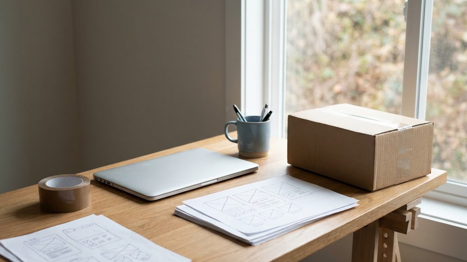 Shopify development services workspace: closed laptop, printed store wireframes and a packed shipping box by a window