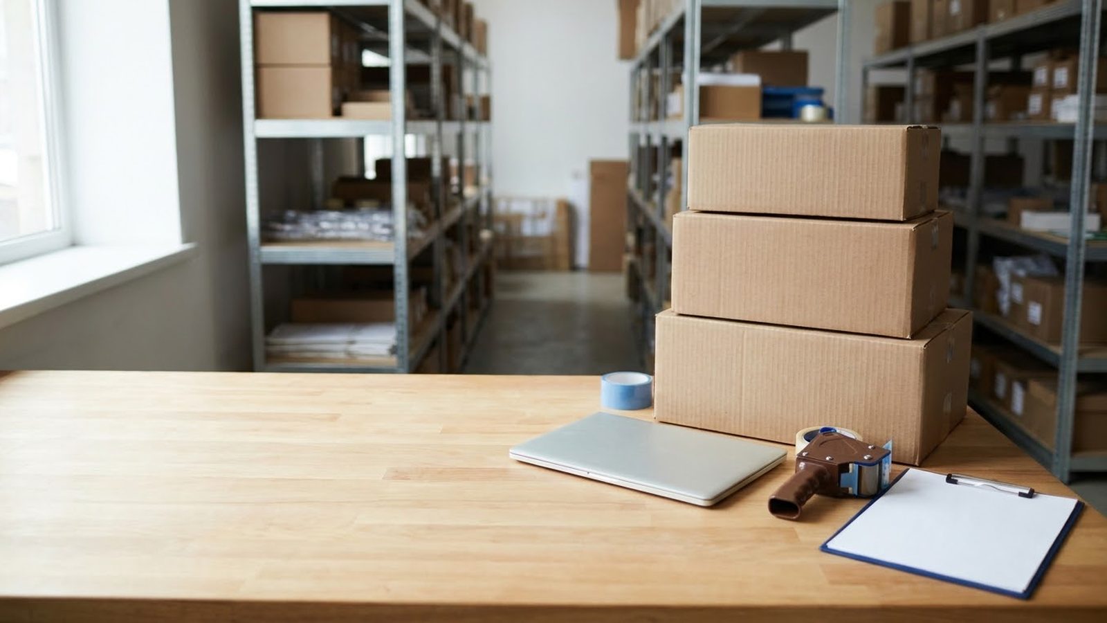 Shopify migration services for a stocked warehouse: laptop, clipboard and tape gun beside stacked cartons on a packing bench
