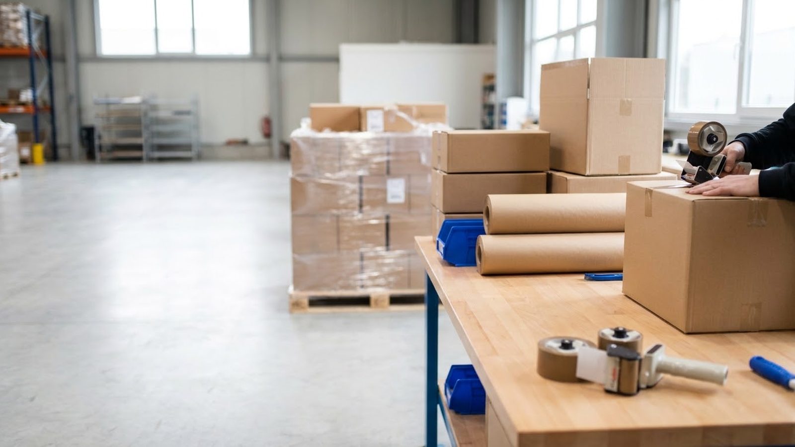 Shopify Plus agency client warehouse: wholesale cartons being packed on a bench with a pallet of orders behind