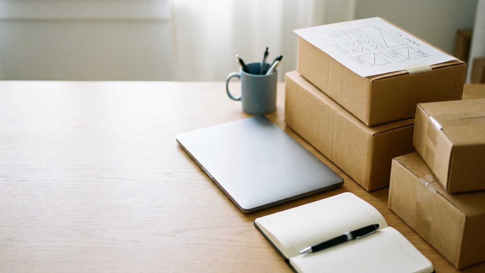 Shopify SEO services planning: laptop, notebook and a printed sitemap sketch on a stack of product boxes