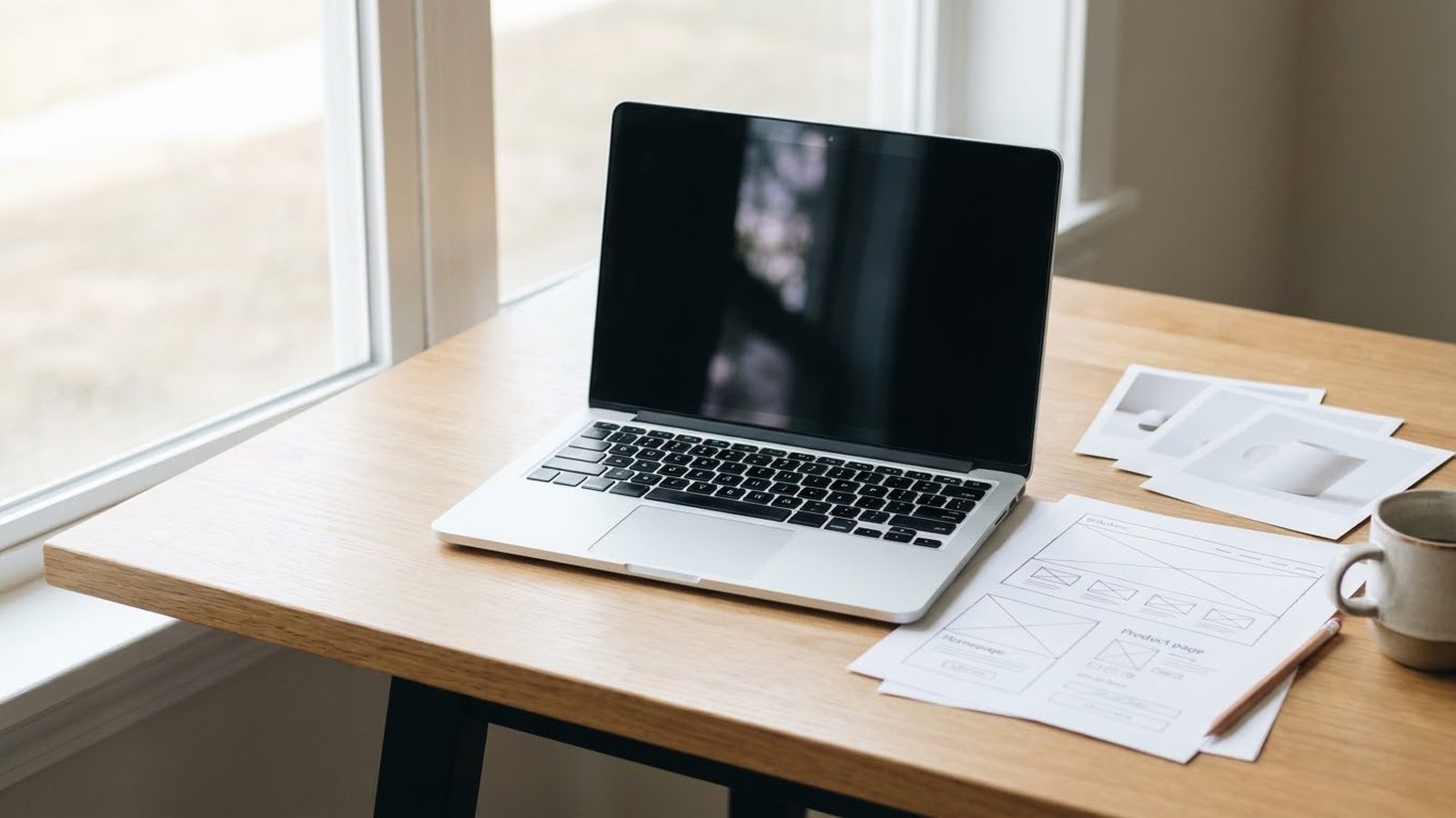 Shopify website development services desk: open laptop by a window with printed page wireframes and product photos