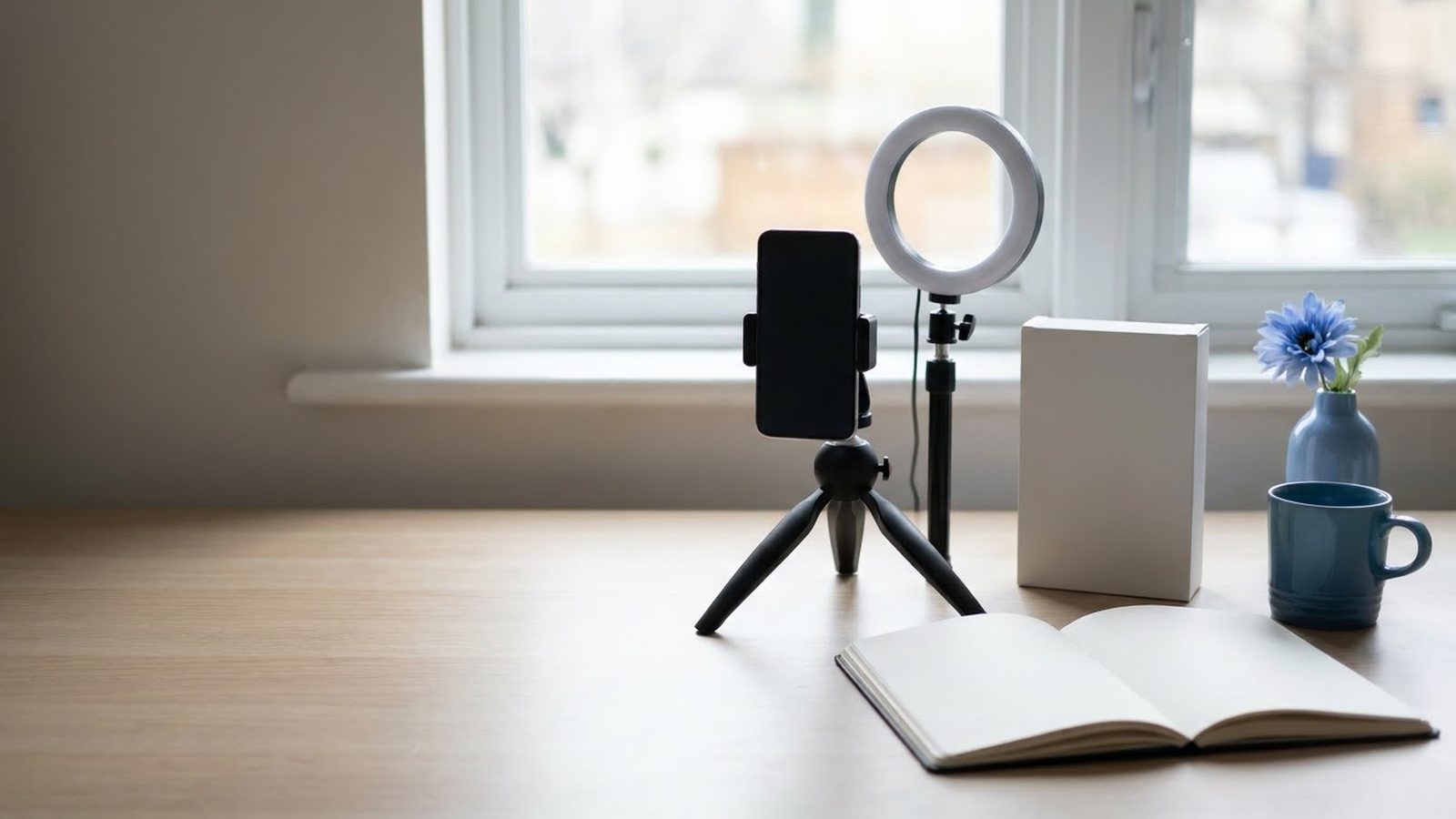 UGC agency filming setup: smartphone on a tripod with a ring light, a product box and a notebook