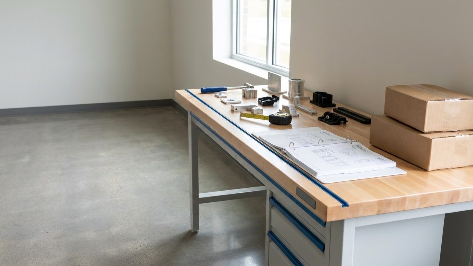 Manufacturing website design agency: workbench with product samples, a tape measure and a binder of spec sheets