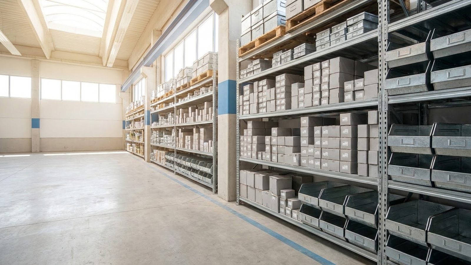 Web scraping services for inventory monitoring: long warehouse aisle of steel shelving stocked with bins and boxed parts