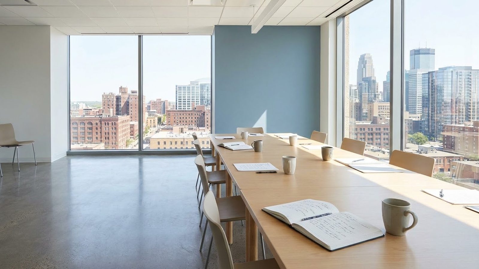 Digital marketing agency in Minneapolis: meeting room with a long table and notebooks overlooking the downtown skyline