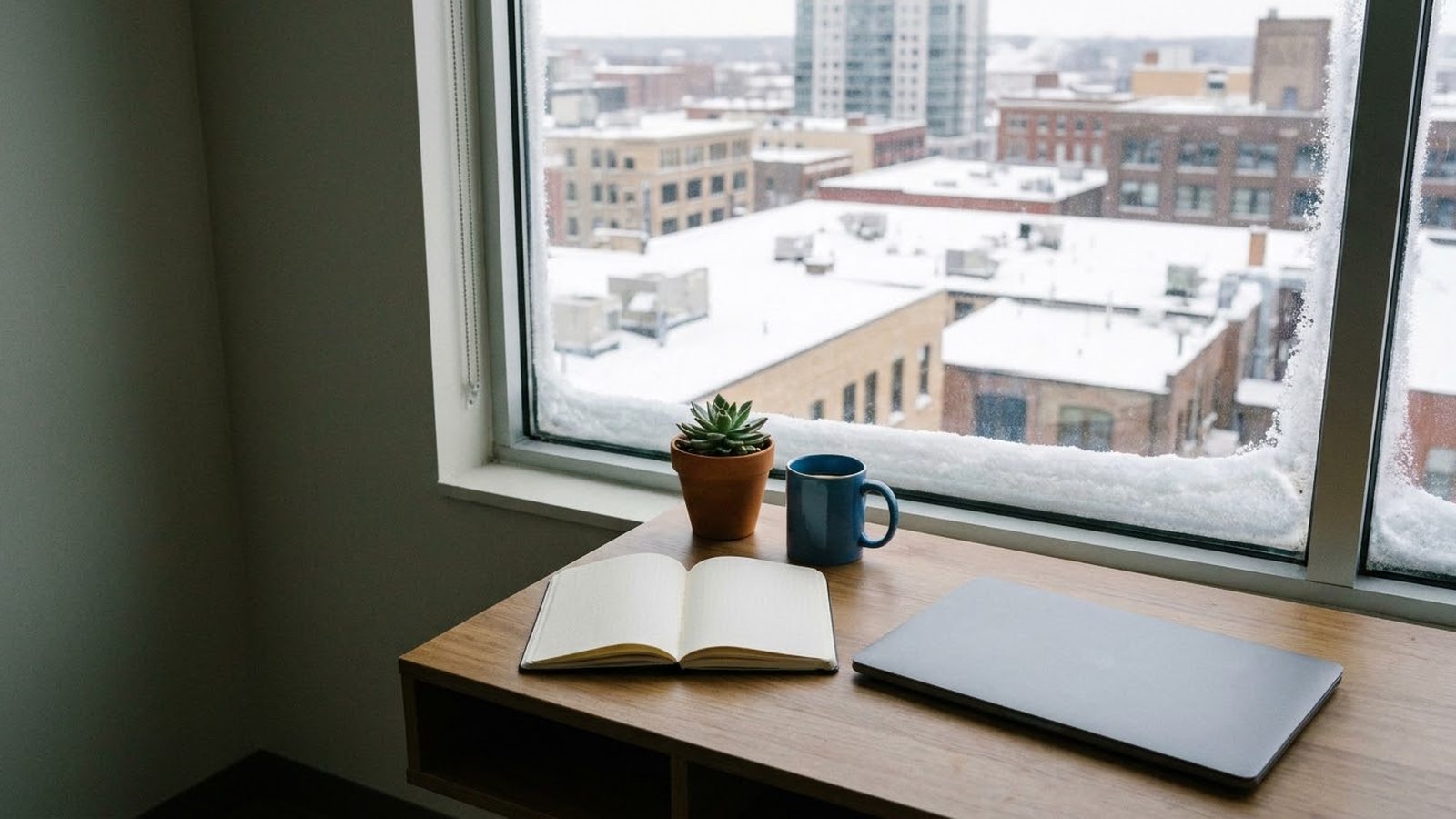 Email marketing in Minneapolis: desk with a notebook, closed laptop and coffee by a window over snowy rooftops