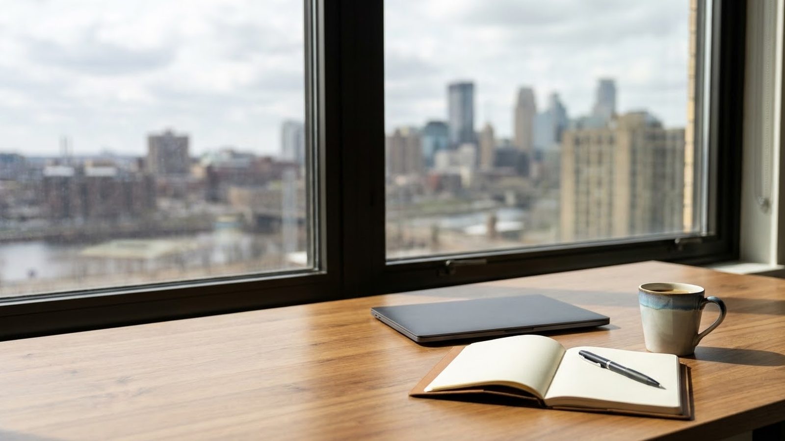 Minneapolis search engine marketing desk: laptop, notebook and coffee by a window overlooking the downtown skyline