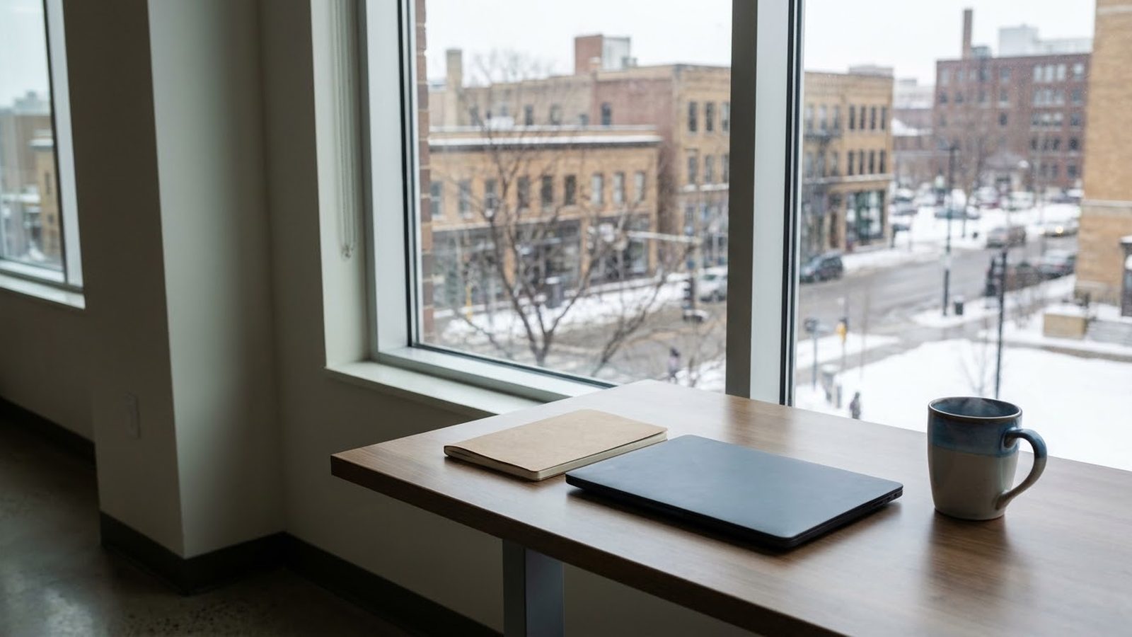 Minneapolis SEO company office: laptop and notebook on a desk by a window over a snowy Twin Cities street