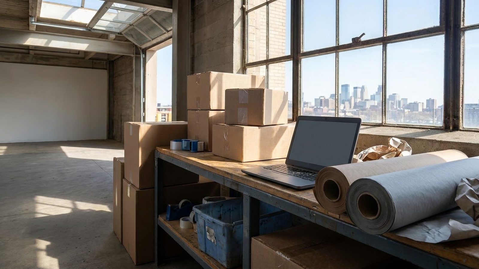 Shopify agency in Minneapolis: packing bench with shipping boxes, paper rolls and a laptop in a loft overlooking downtown