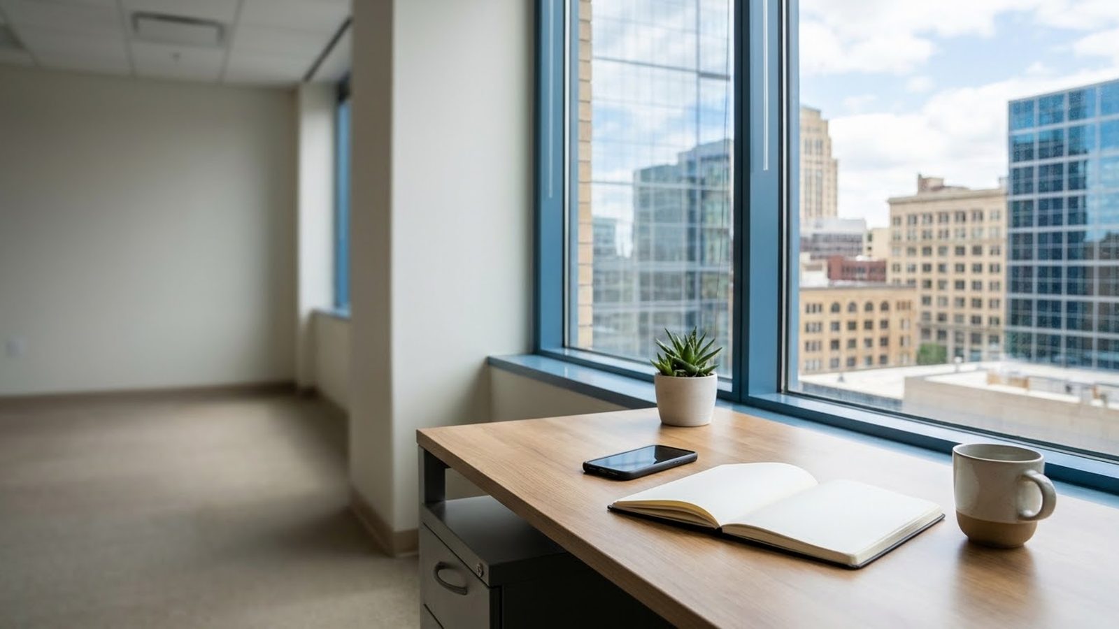 Minneapolis social media marketing desk: phone, notebook and coffee by a window overlooking downtown buildings