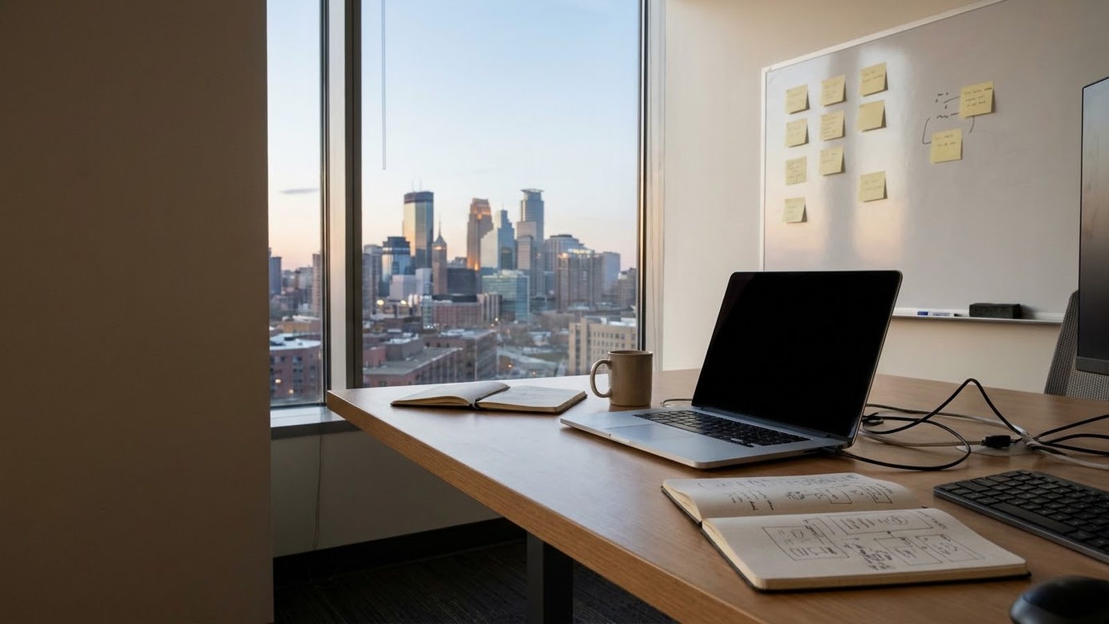 Software development in Minneapolis: laptop, notebooks of diagrams and a sticky-note whiteboard with the skyline behind