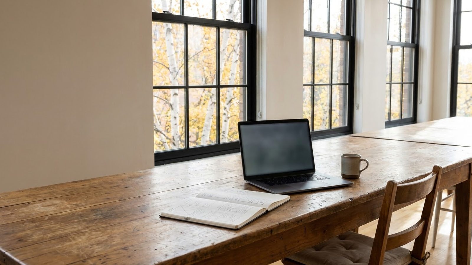 Minneapolis web design studio: laptop and a sketchbook of page layouts on a table by windows onto autumn birch trees